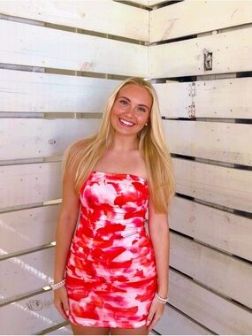 SHEIN Red & White Tie-Dye Strapless Bodycon Set XS Top S Bottoms